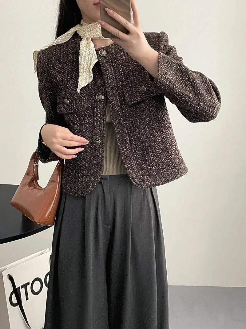 [Korean Style] High Quality Collarless Crop Tweed Jacket