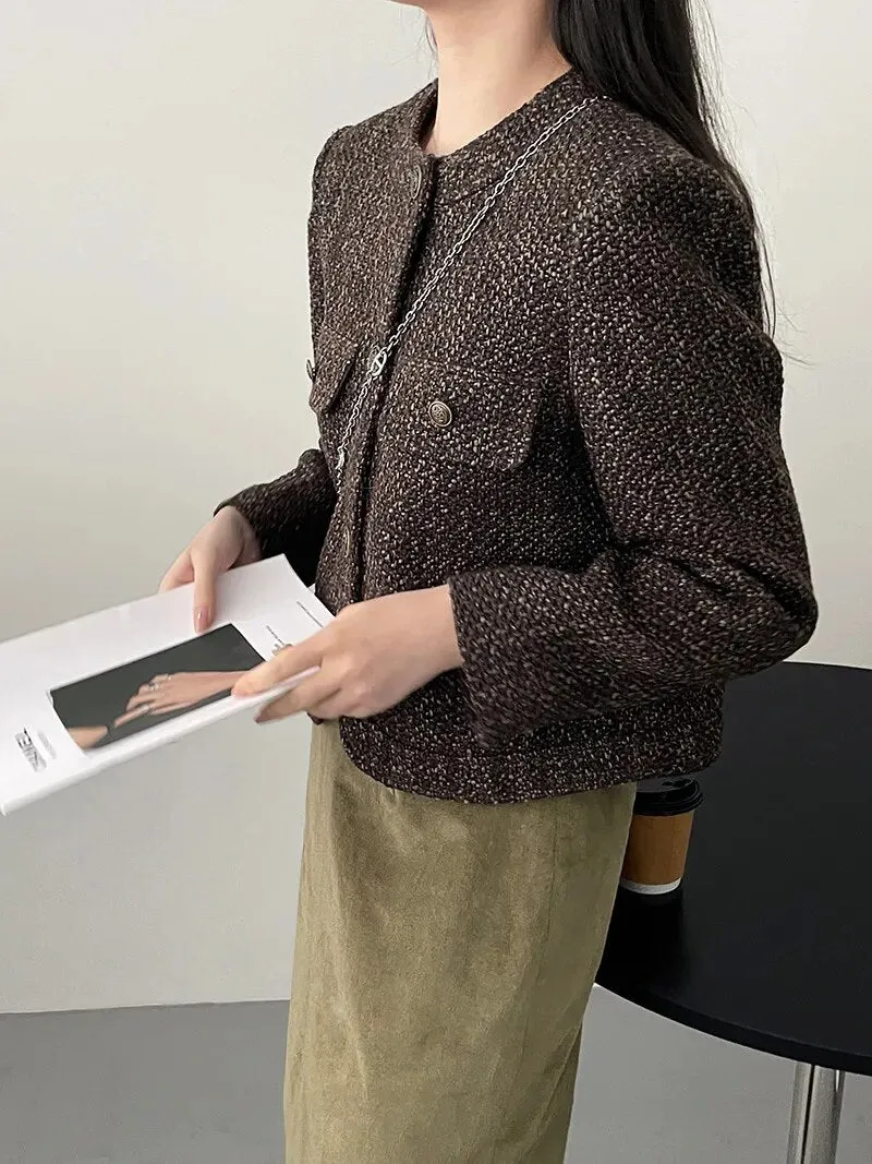 [Korean Style] High Quality Collarless Crop Tweed Jacket