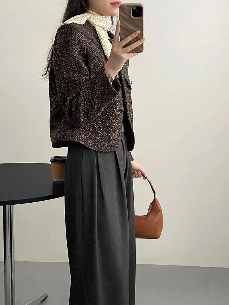 [Korean Style] High Quality Collarless Crop Tweed Jacket