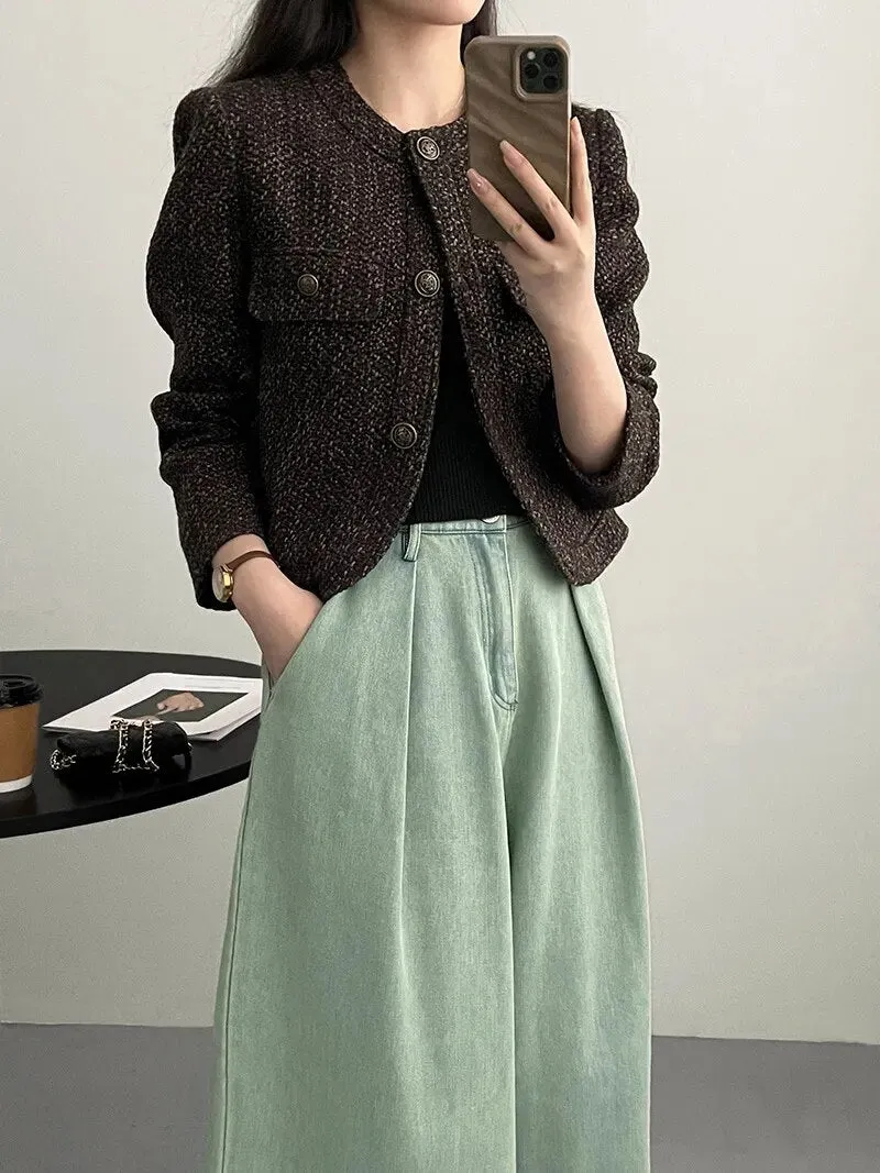 [Korean Style] High Quality Collarless Crop Tweed Jacket