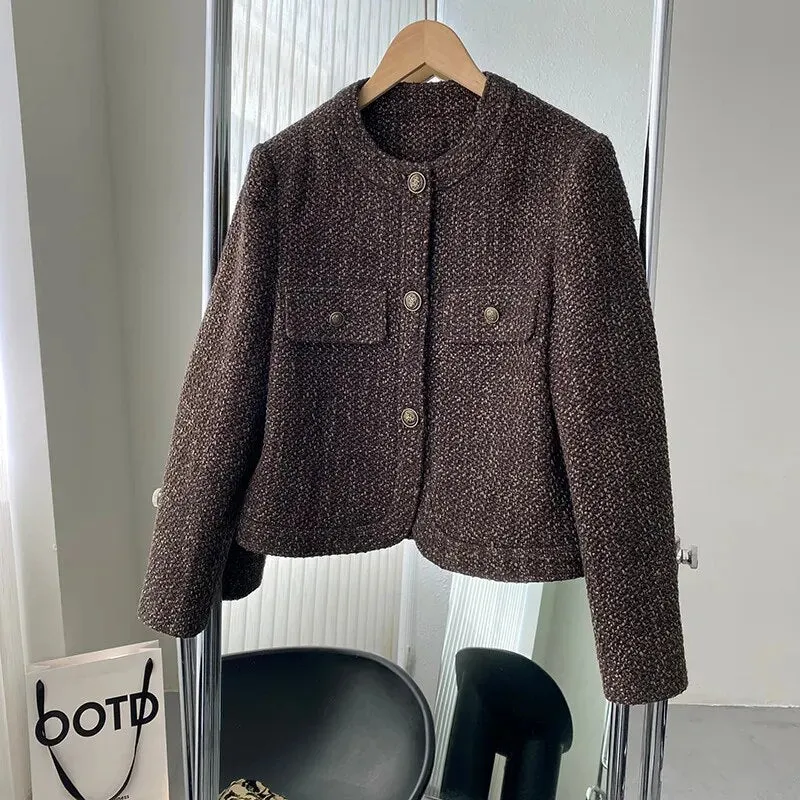 [Korean Style] High Quality Collarless Crop Tweed Jacket