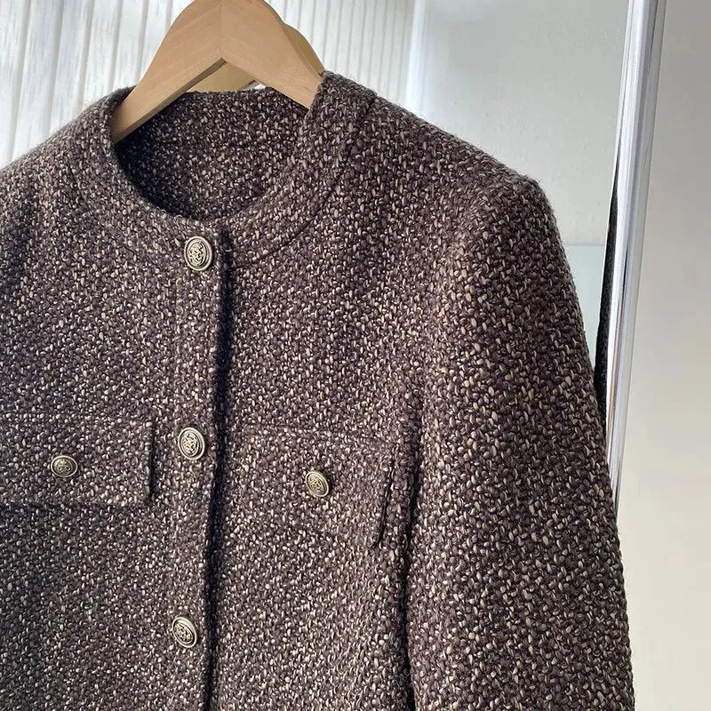 [Korean Style] High Quality Collarless Crop Tweed Jacket