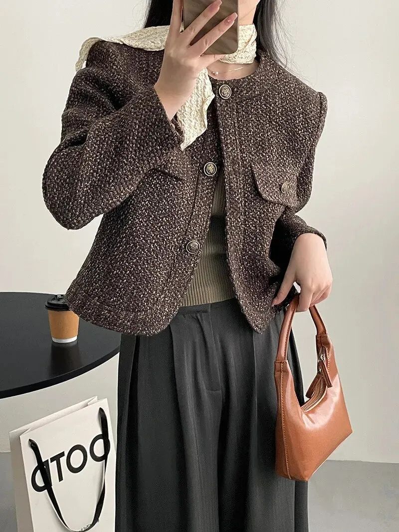 [Korean Style] High Quality Collarless Crop Tweed Jacket