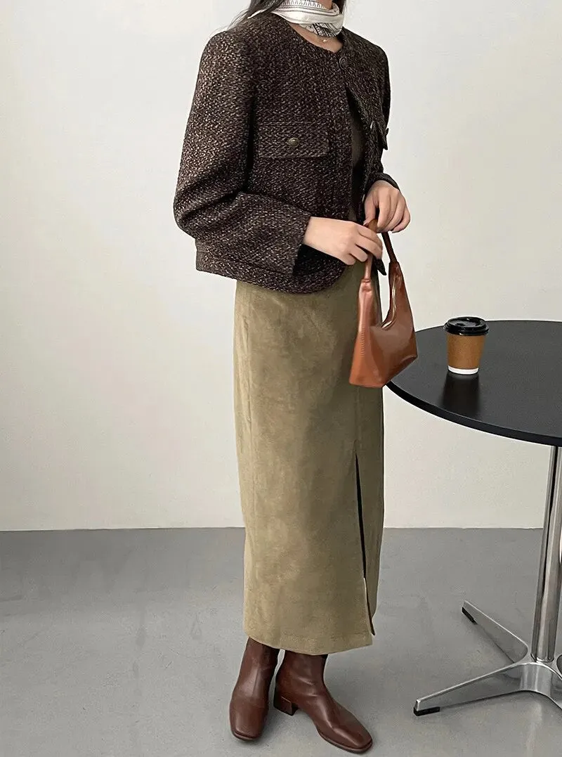 [Korean Style] High Quality Collarless Crop Tweed Jacket