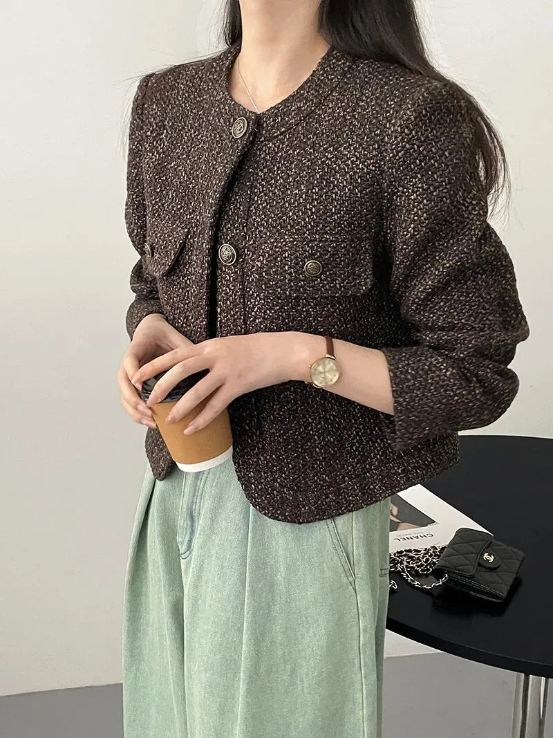 [Korean Style] High Quality Collarless Crop Tweed Jacket