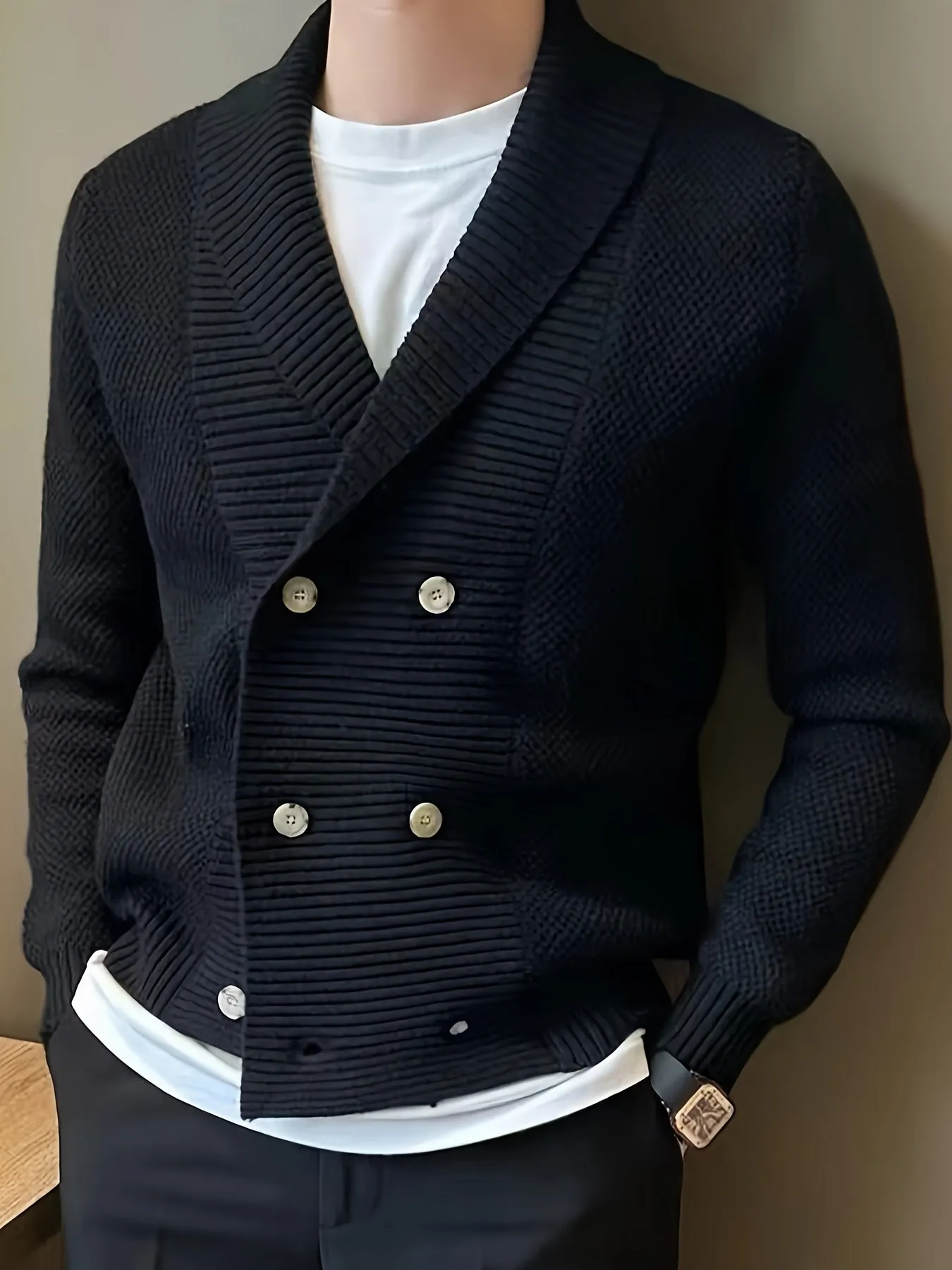 LORIK | Solid Knitted Mens Cardigan with Shawl Collar and Double Buttons