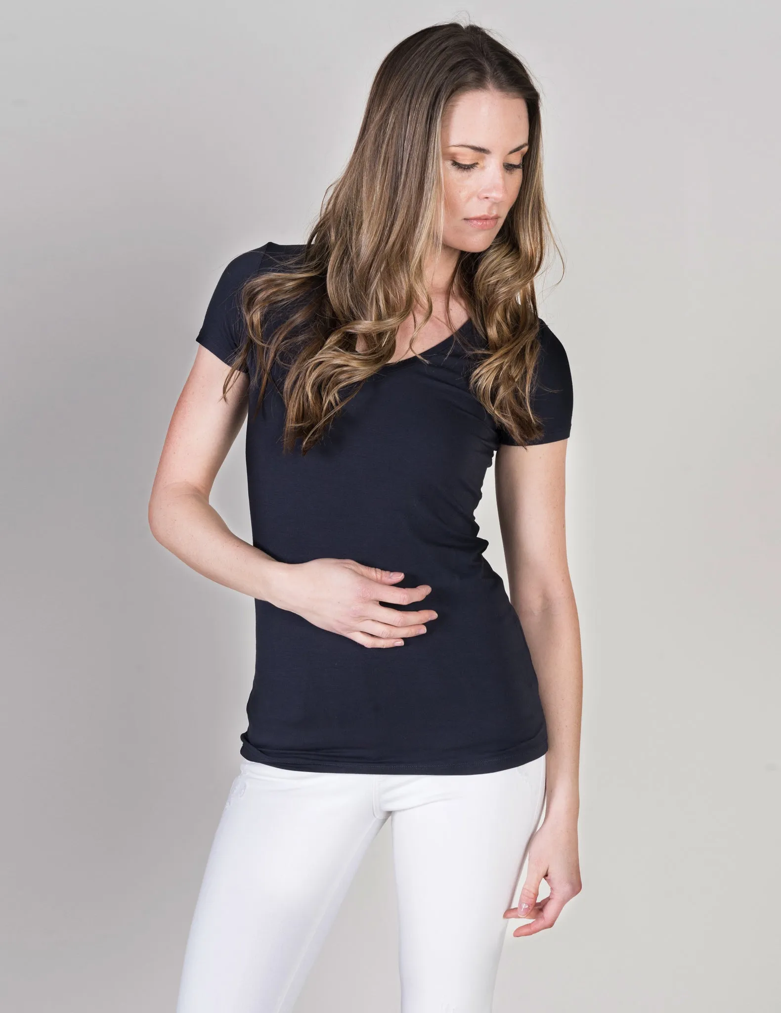Majestic Short Sleeve V-Neck Tee in Marine