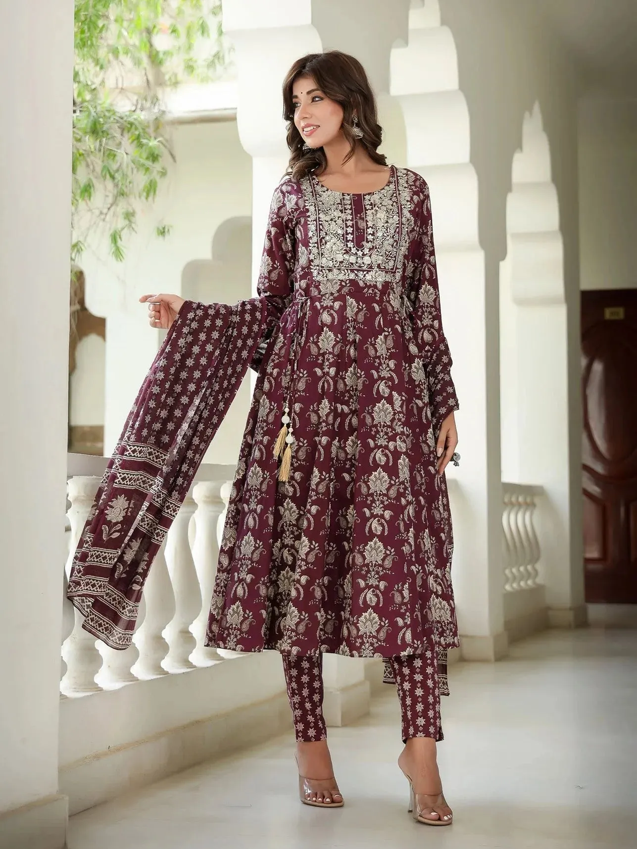 Maroon Floral Embroidered Regular Thread Work Pure Cotton Kurta With Trousers & With Dupatta