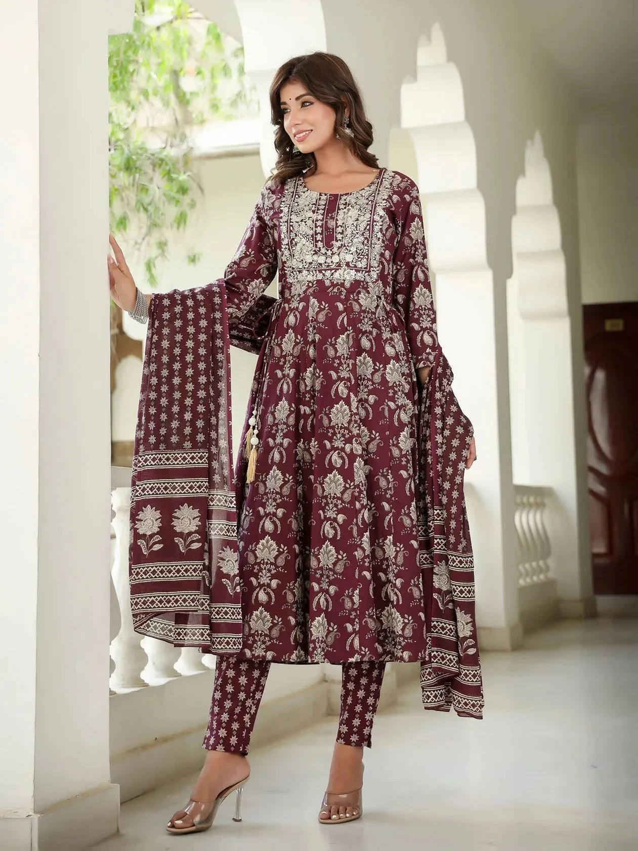 Maroon Floral Embroidered Regular Thread Work Pure Cotton Kurta With Trousers & With Dupatta