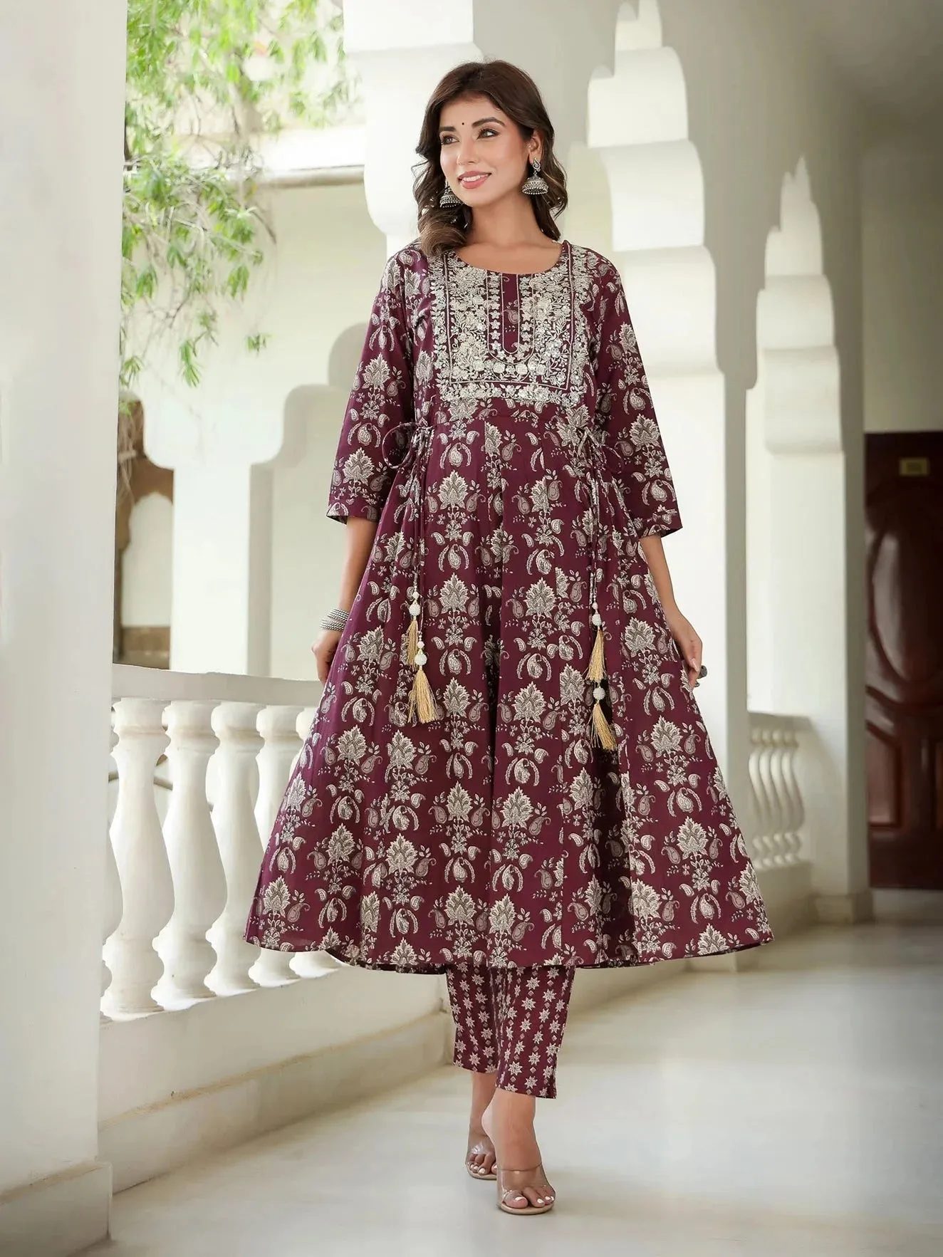 Maroon Floral Embroidered Regular Thread Work Pure Cotton Kurta With Trousers & With Dupatta