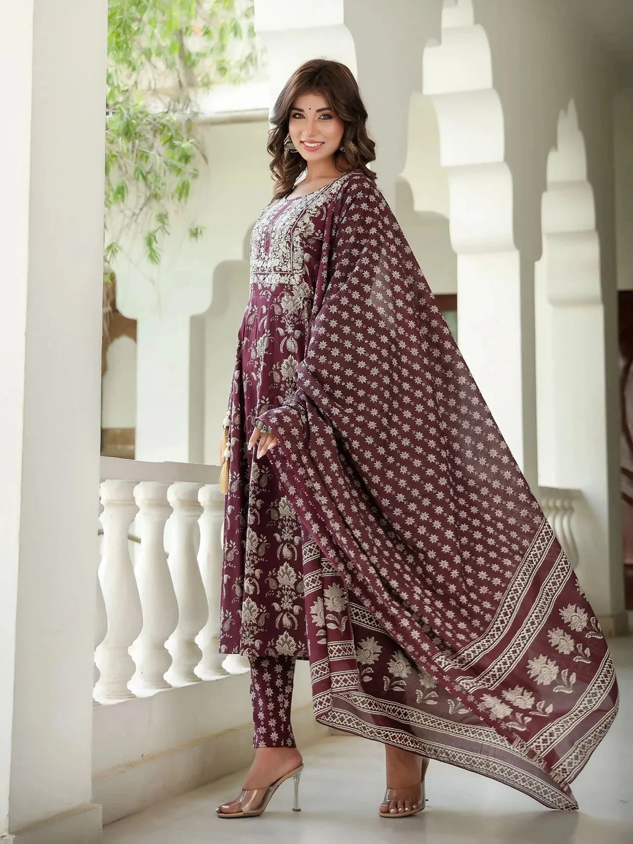 Maroon Floral Embroidered Regular Thread Work Pure Cotton Kurta With Trousers & With Dupatta