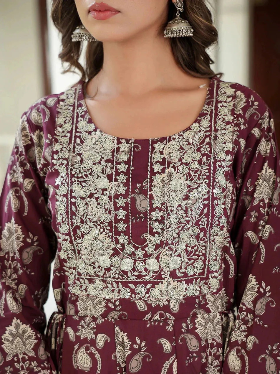 Maroon Floral Embroidered Regular Thread Work Pure Cotton Kurta With Trousers & With Dupatta