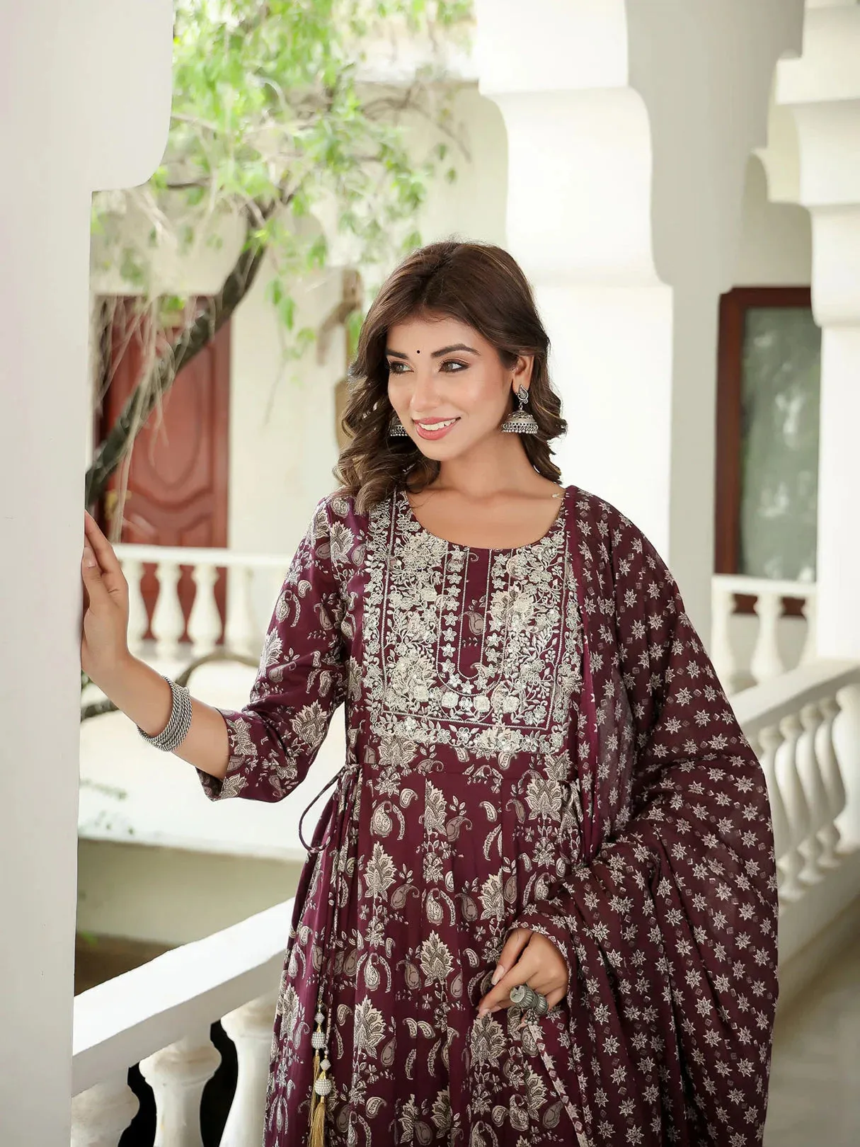 Maroon Floral Embroidered Regular Thread Work Pure Cotton Kurta With Trousers & With Dupatta