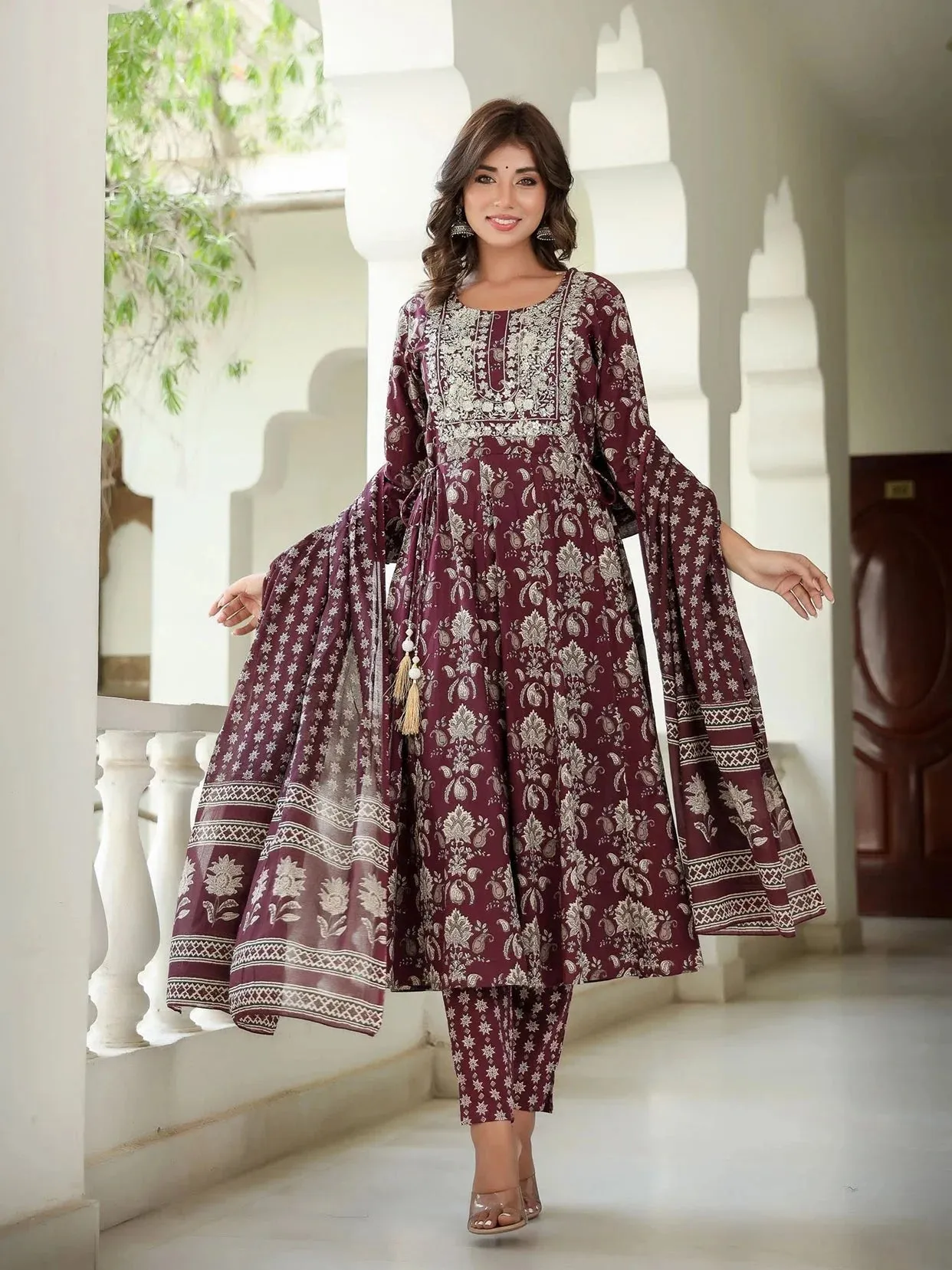 Maroon Floral Embroidered Regular Thread Work Pure Cotton Kurta With Trousers & With Dupatta