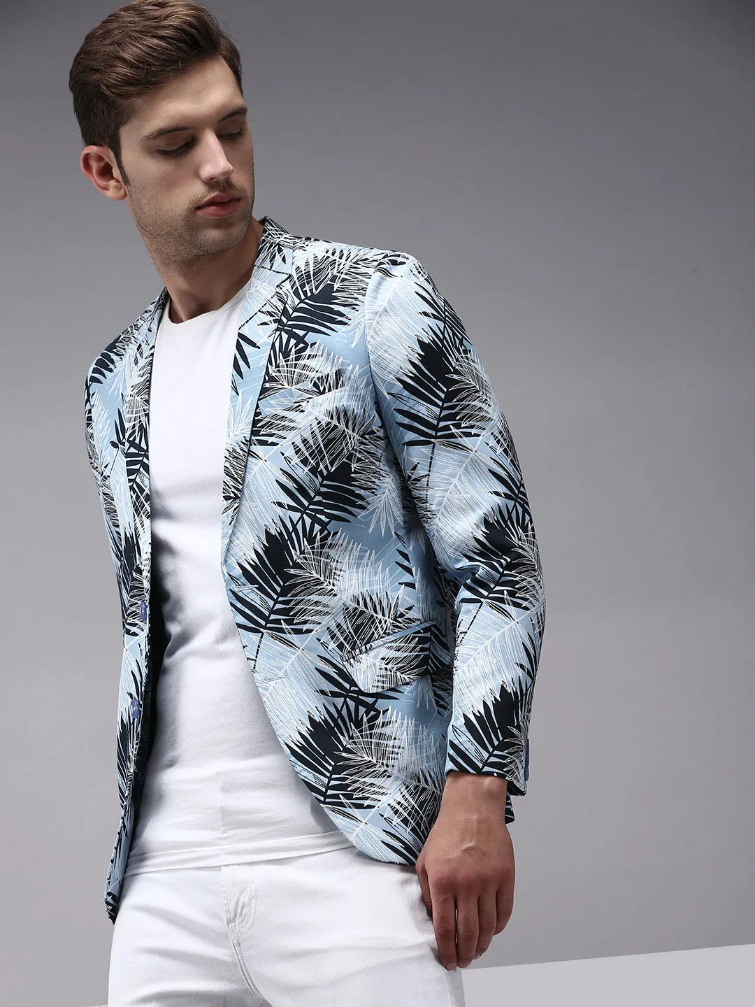 Men Blue Printed Single Breasted Blazers