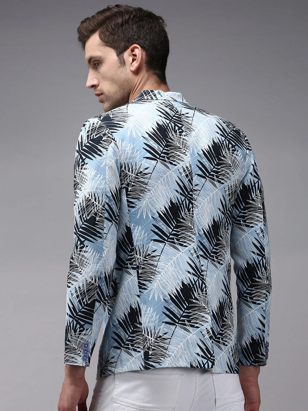 Men Blue Printed Single Breasted Blazers