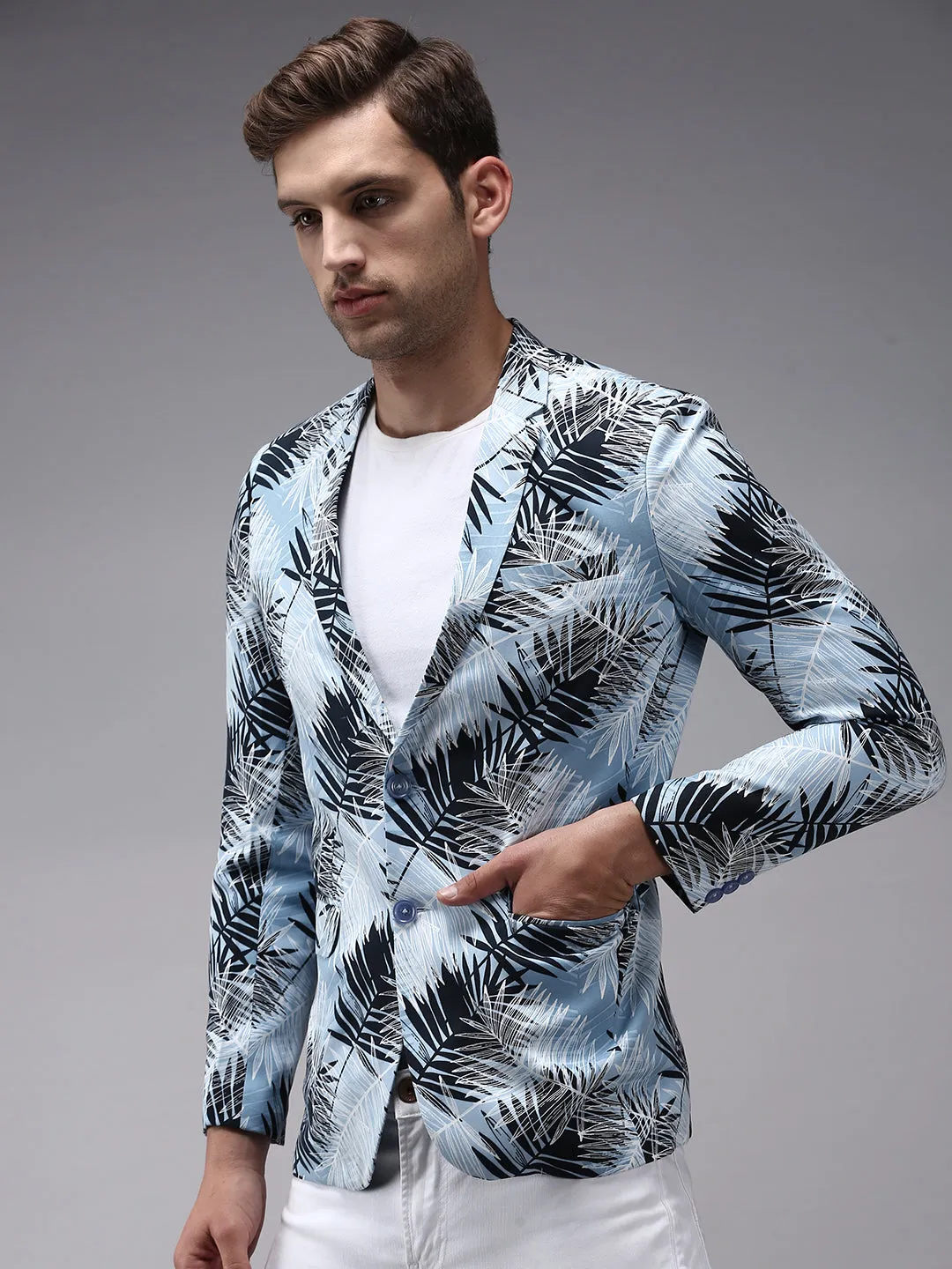 Men Blue Printed Single Breasted Blazers