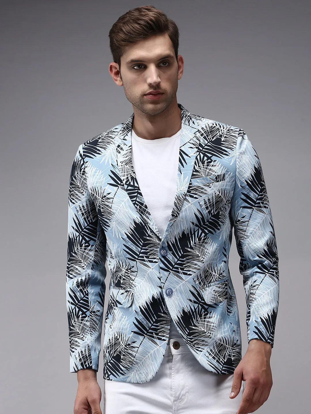 Men Blue Printed Single Breasted Blazers