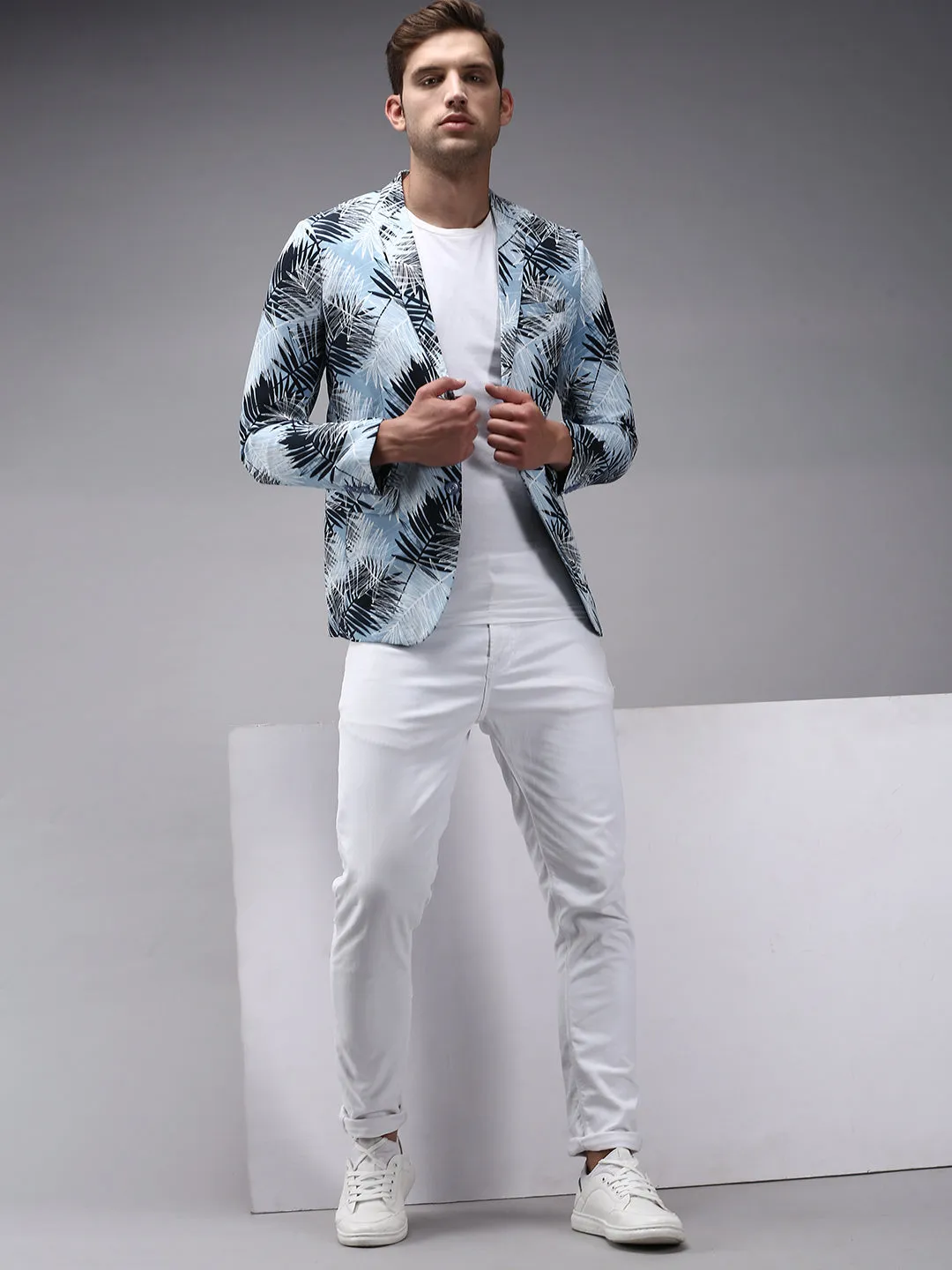 Men Blue Printed Single Breasted Blazers