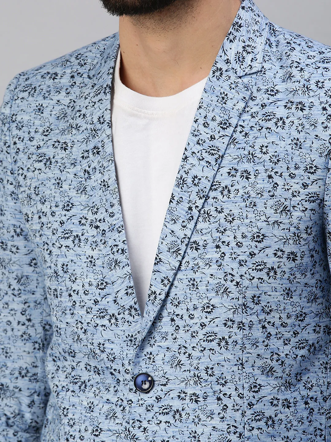 Men Blue Printed Single-Breasted Party Blazer