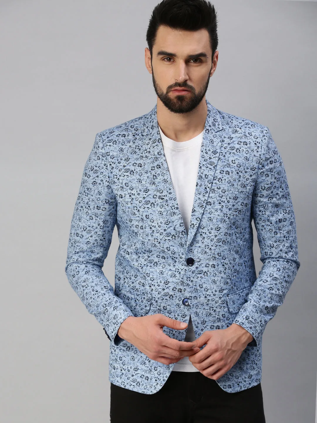 Men Blue Printed Single-Breasted Party Blazer