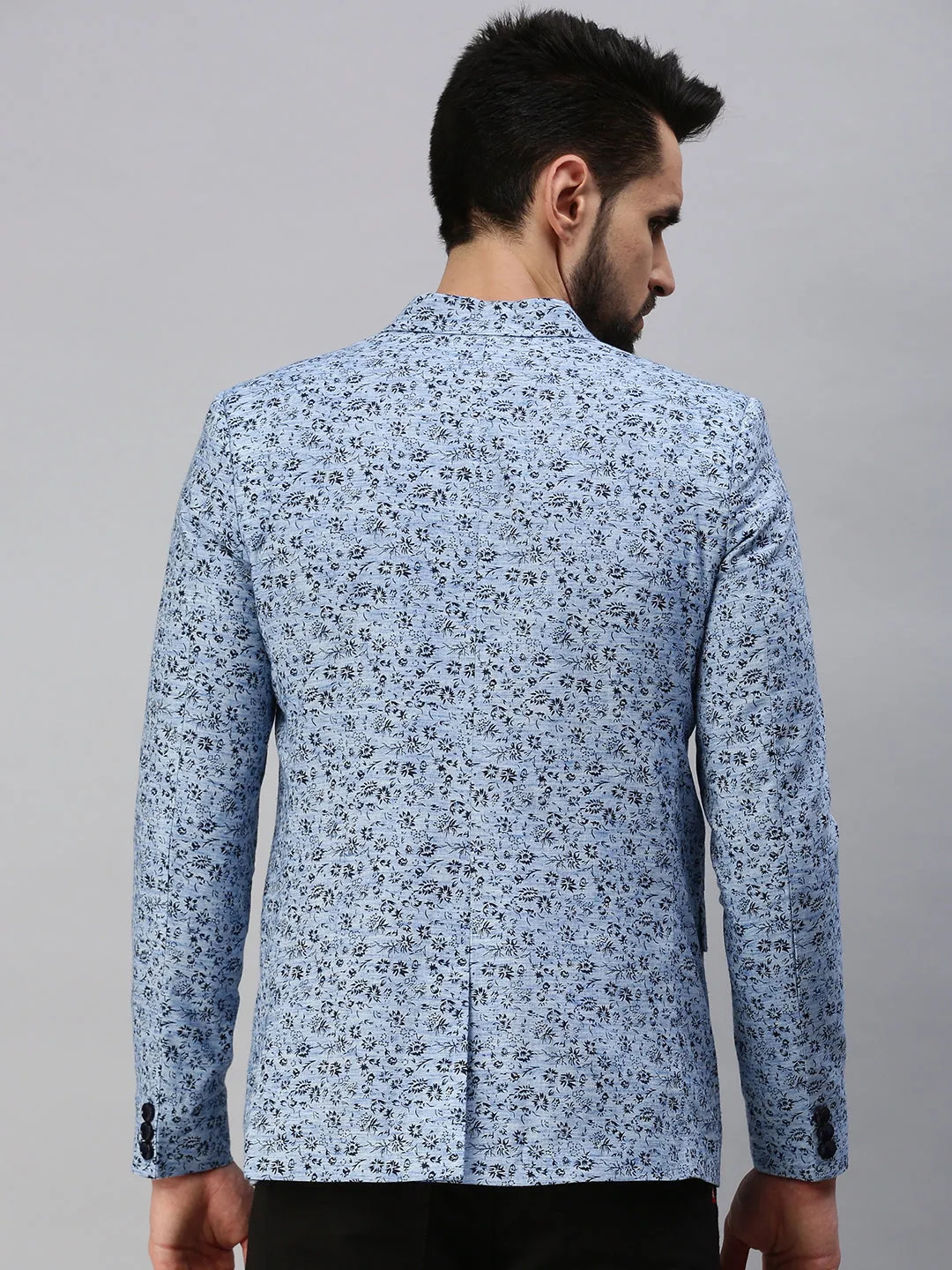 Men Blue Printed Single-Breasted Party Blazer