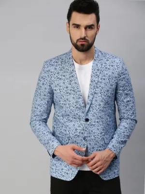 Men Blue Printed Single-Breasted Party Blazer
