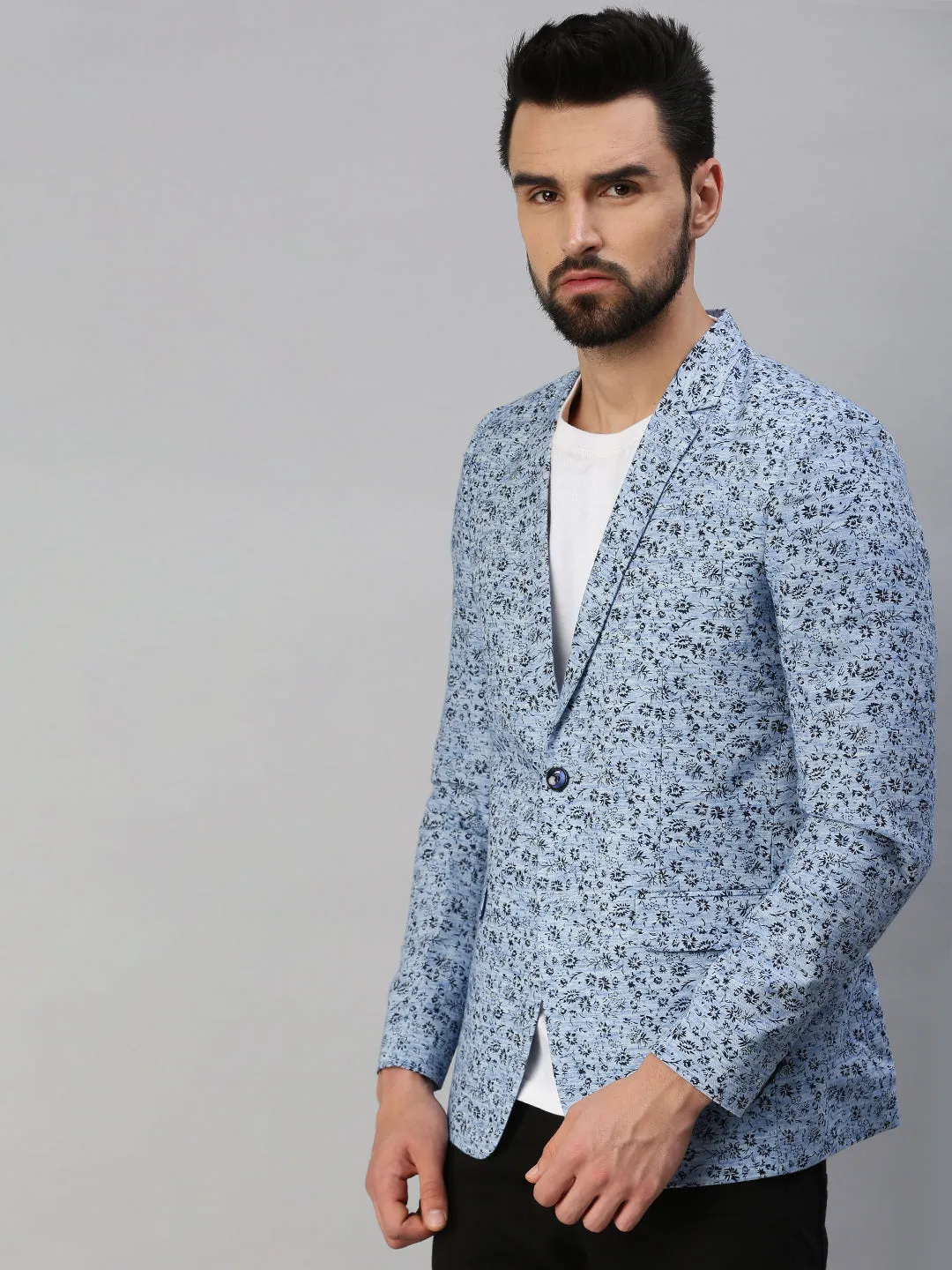 Men Blue Printed Single-Breasted Party Blazer