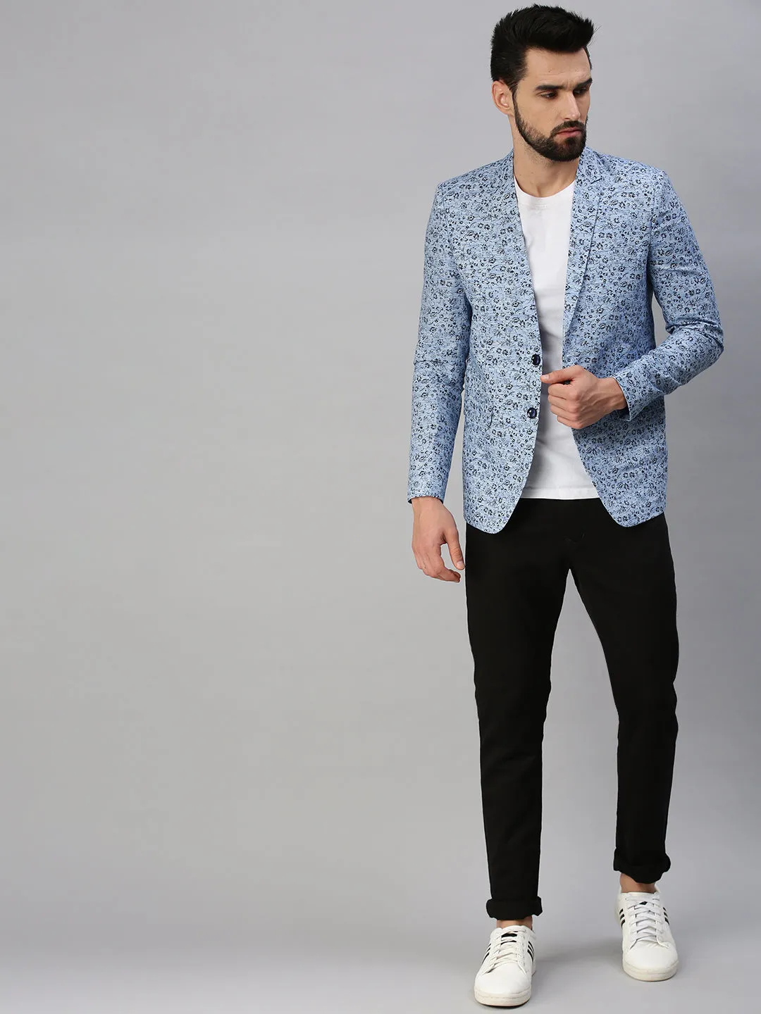 Men Blue Printed Single-Breasted Party Blazer