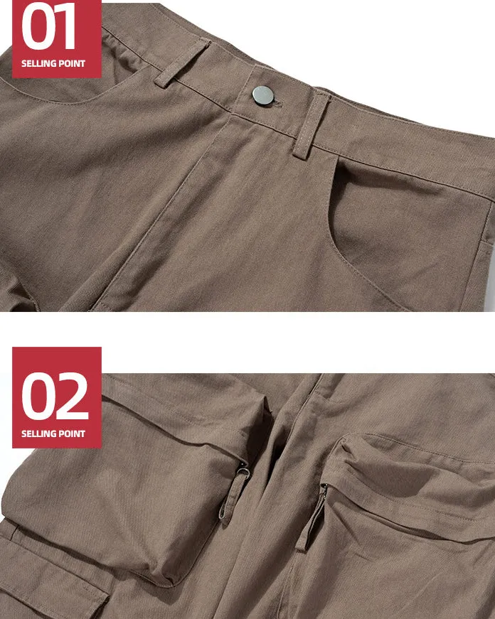 Multi-Pocket Wide-Leg Washed Work Pants