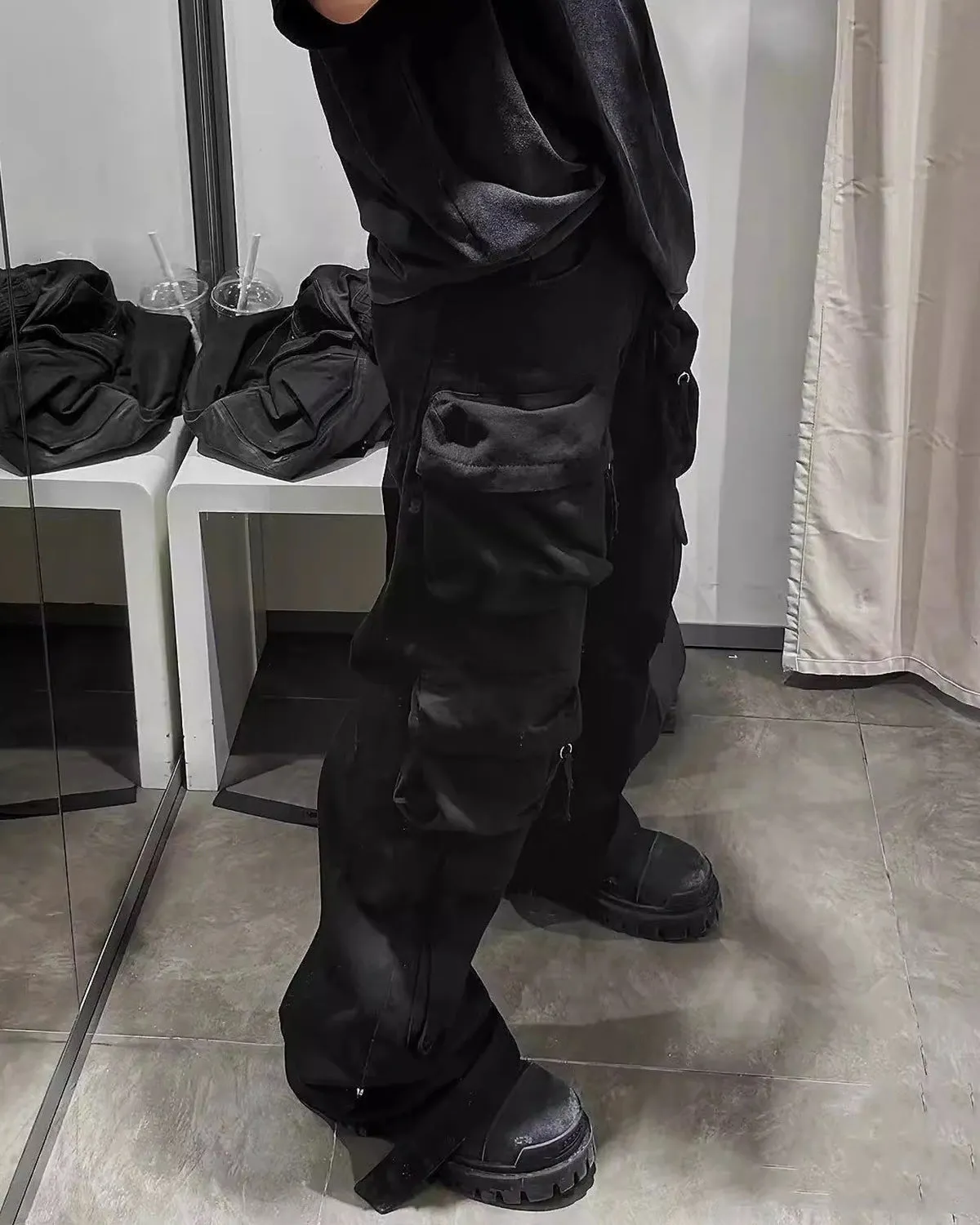 Multi-Pocket Wide-Leg Washed Work Pants