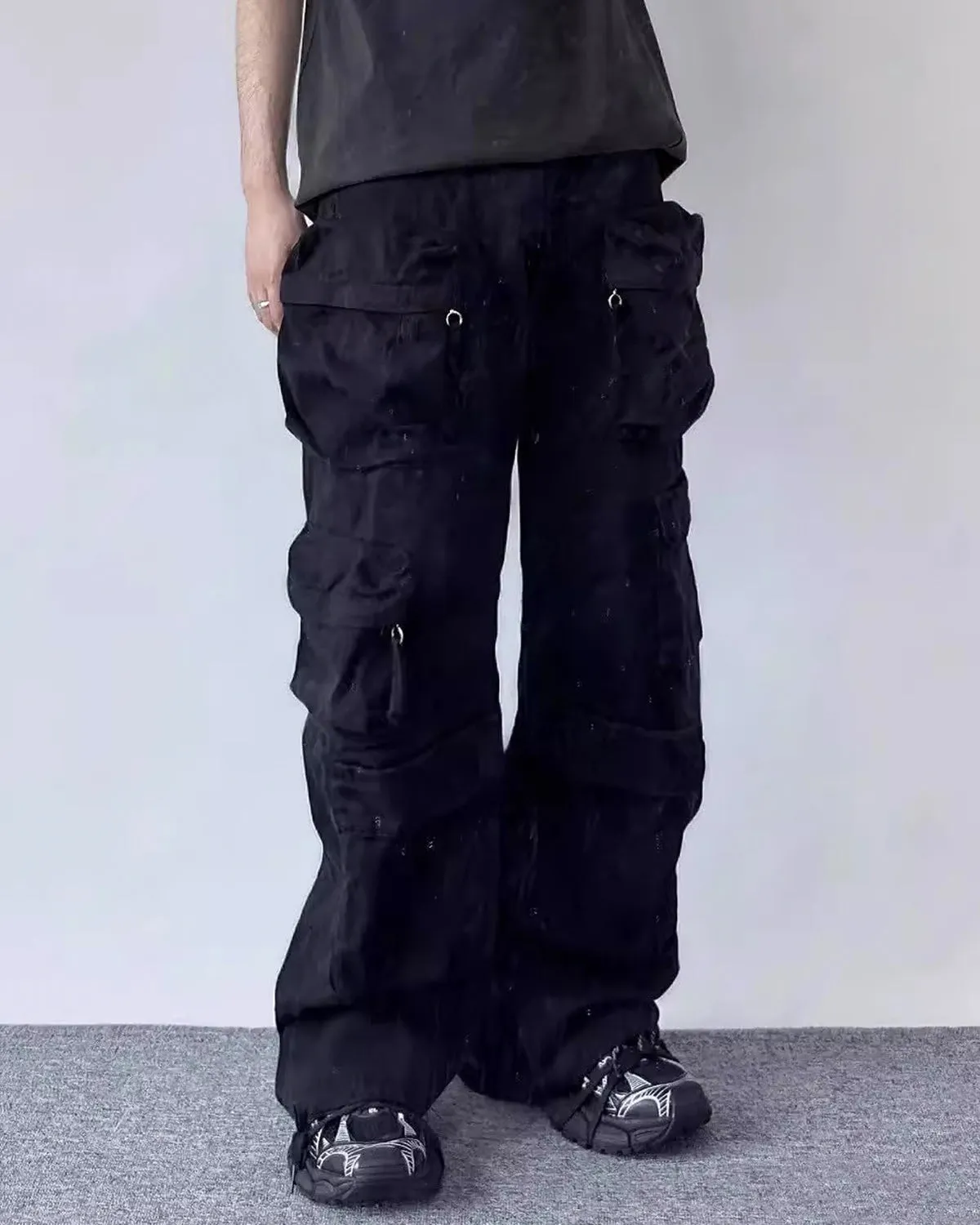Multi-Pocket Wide-Leg Washed Work Pants