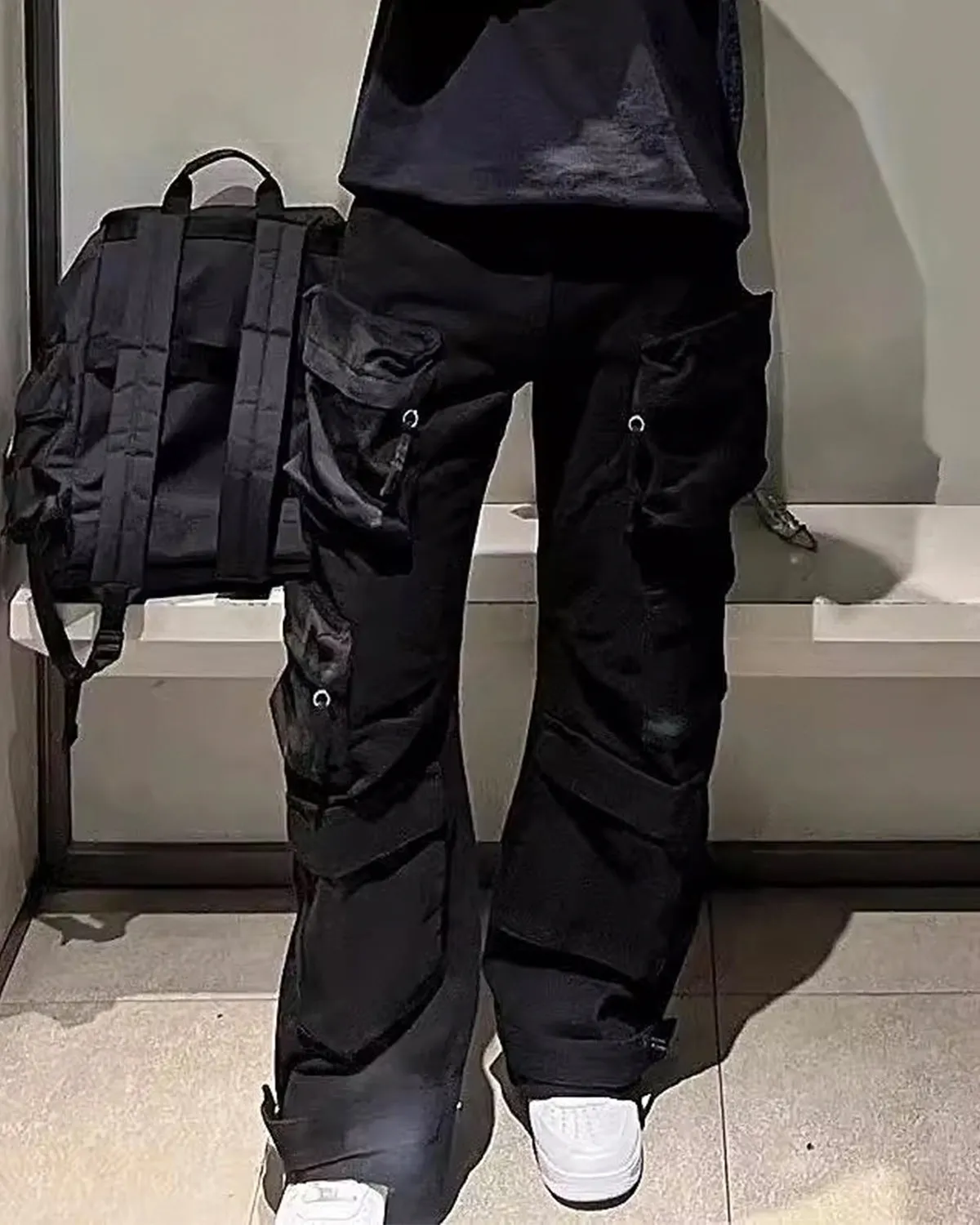 Multi-Pocket Wide-Leg Washed Work Pants