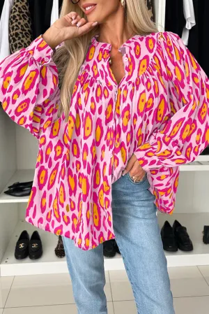 Oversized Leopard Print Balloon Sleeve Casual Shirt
