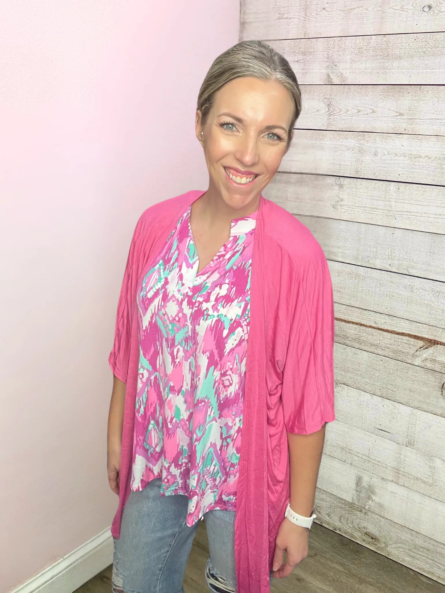 "Fresh Air" Solid Short Sleeve Cardigan- Pink
