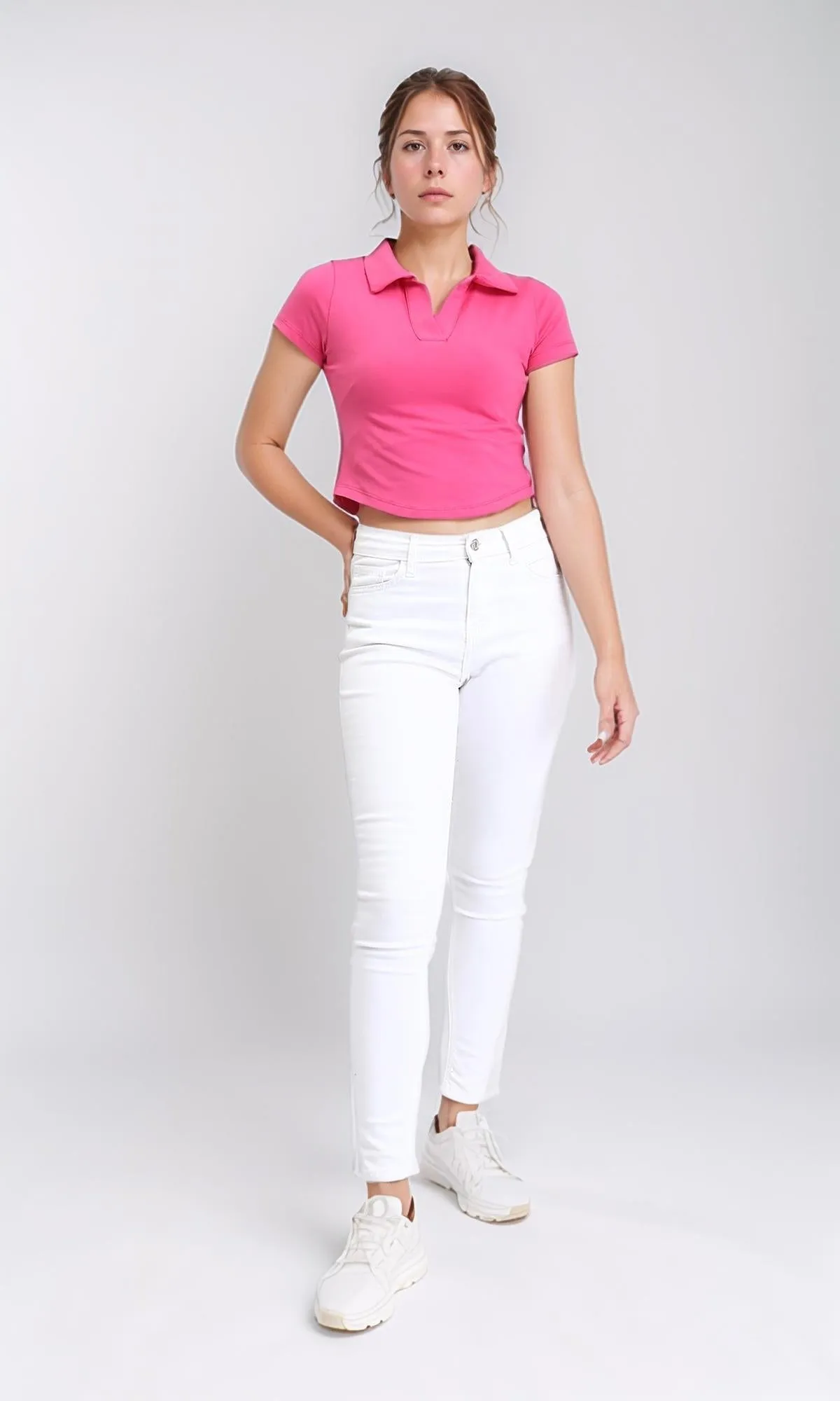 R209256 - Open V-Neck Short Sleeves Tee - Fuchsia