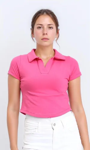 R209256 - Open V-Neck Short Sleeves Tee - Fuchsia