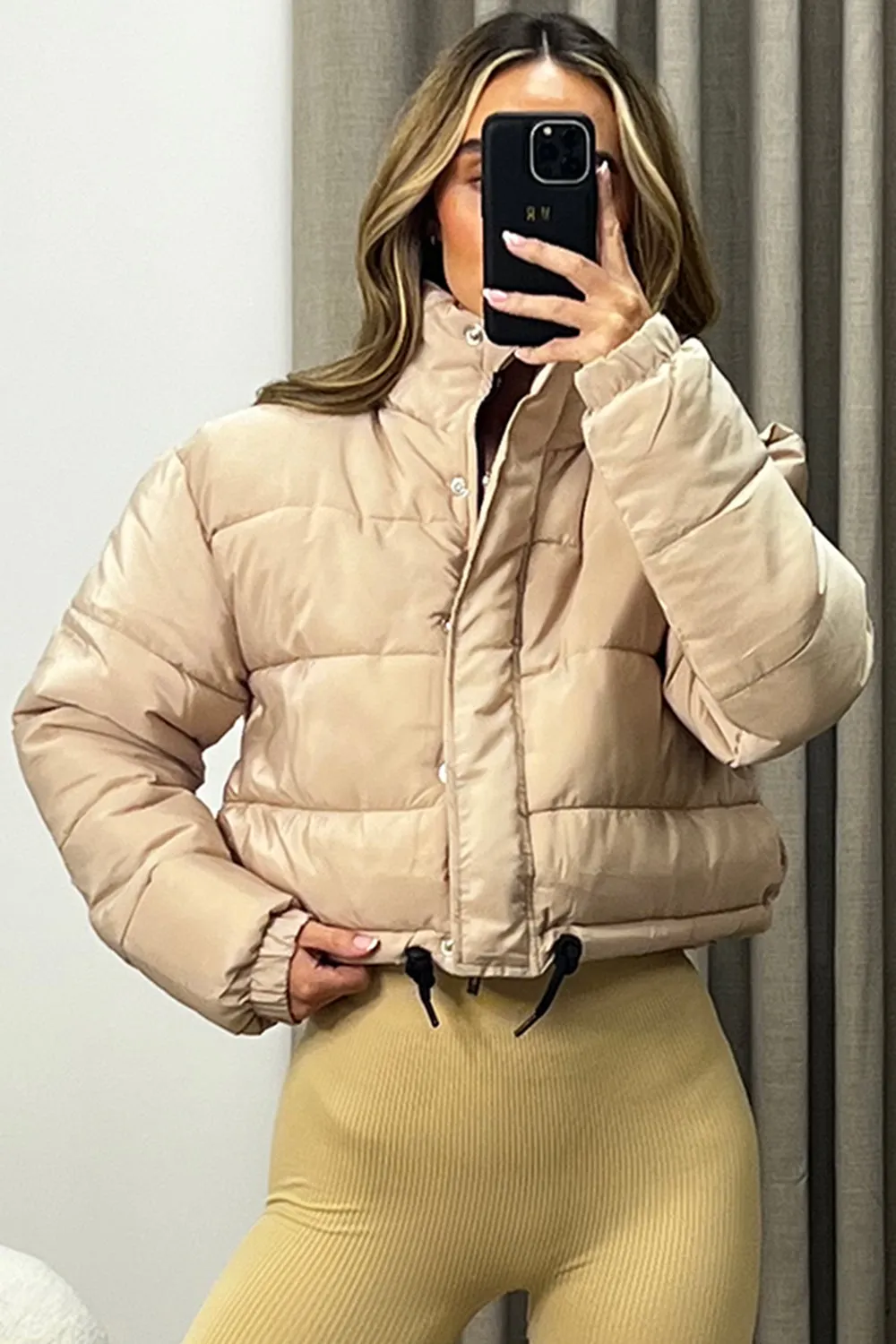 Reanne Beige Zip Up Cropped Puffer Jacket