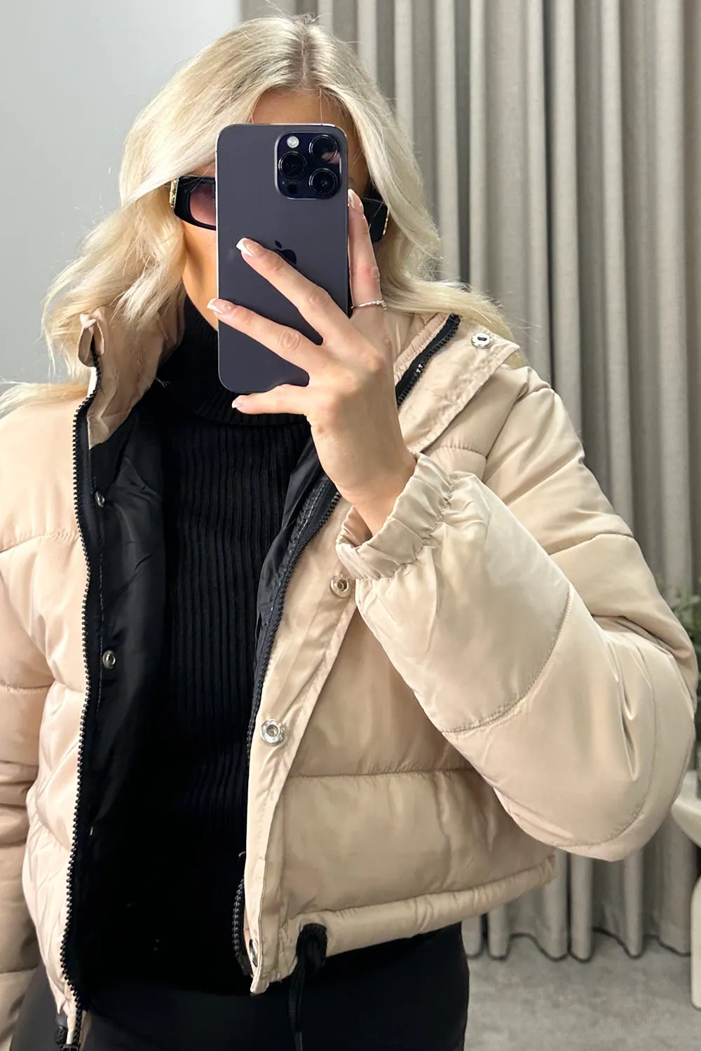 Reanne Beige Zip Up Cropped Puffer Jacket