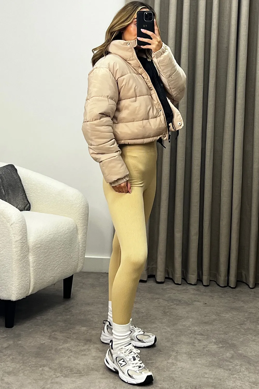 Reanne Beige Zip Up Cropped Puffer Jacket