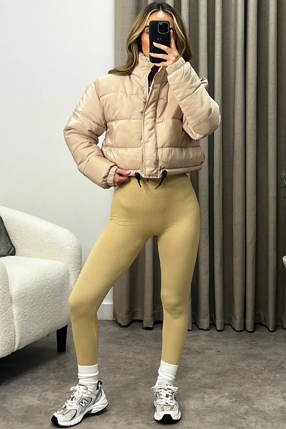 Reanne Beige Zip Up Cropped Puffer Jacket