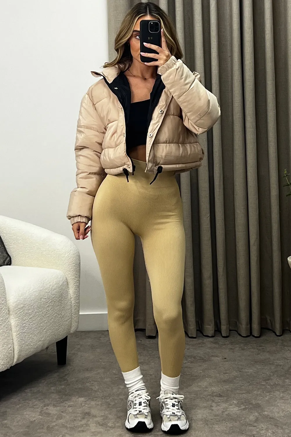 Reanne Beige Zip Up Cropped Puffer Jacket