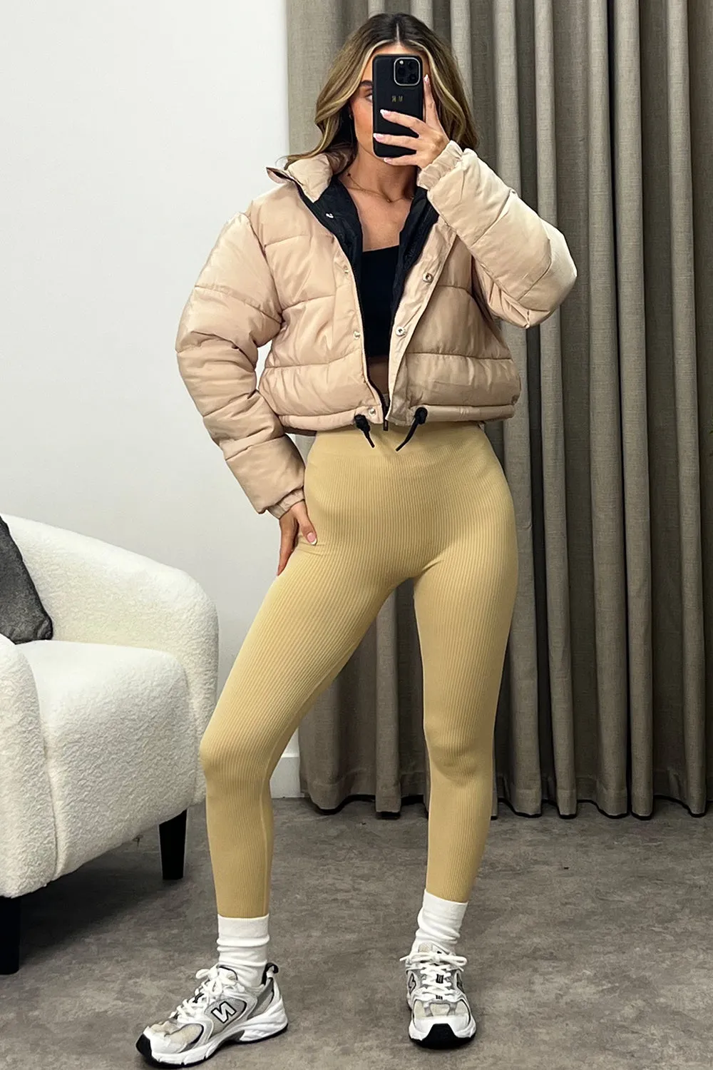 Reanne Beige Zip Up Cropped Puffer Jacket