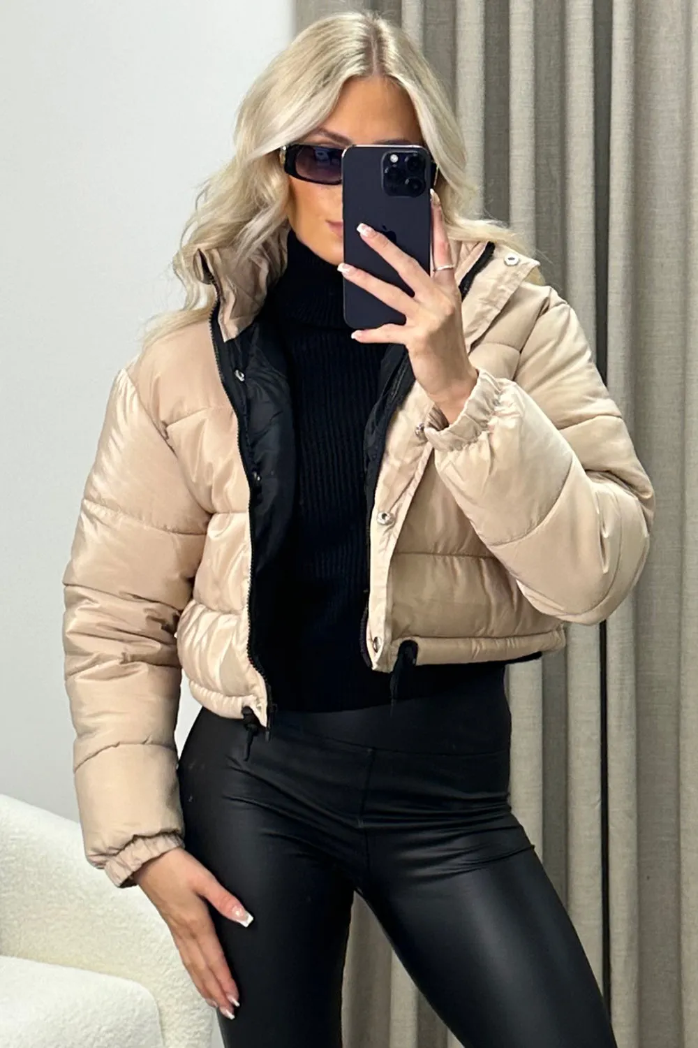 Reanne Beige Zip Up Cropped Puffer Jacket