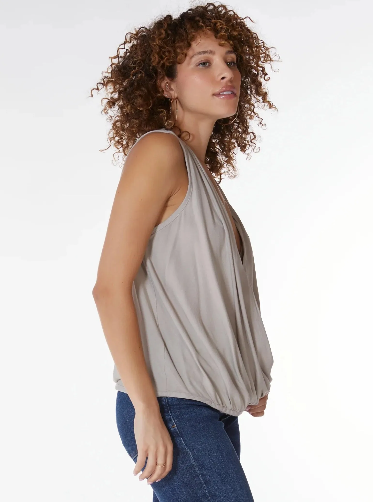 Surplice Sleeveless Pleat Blouse [Tan-51D-33776]