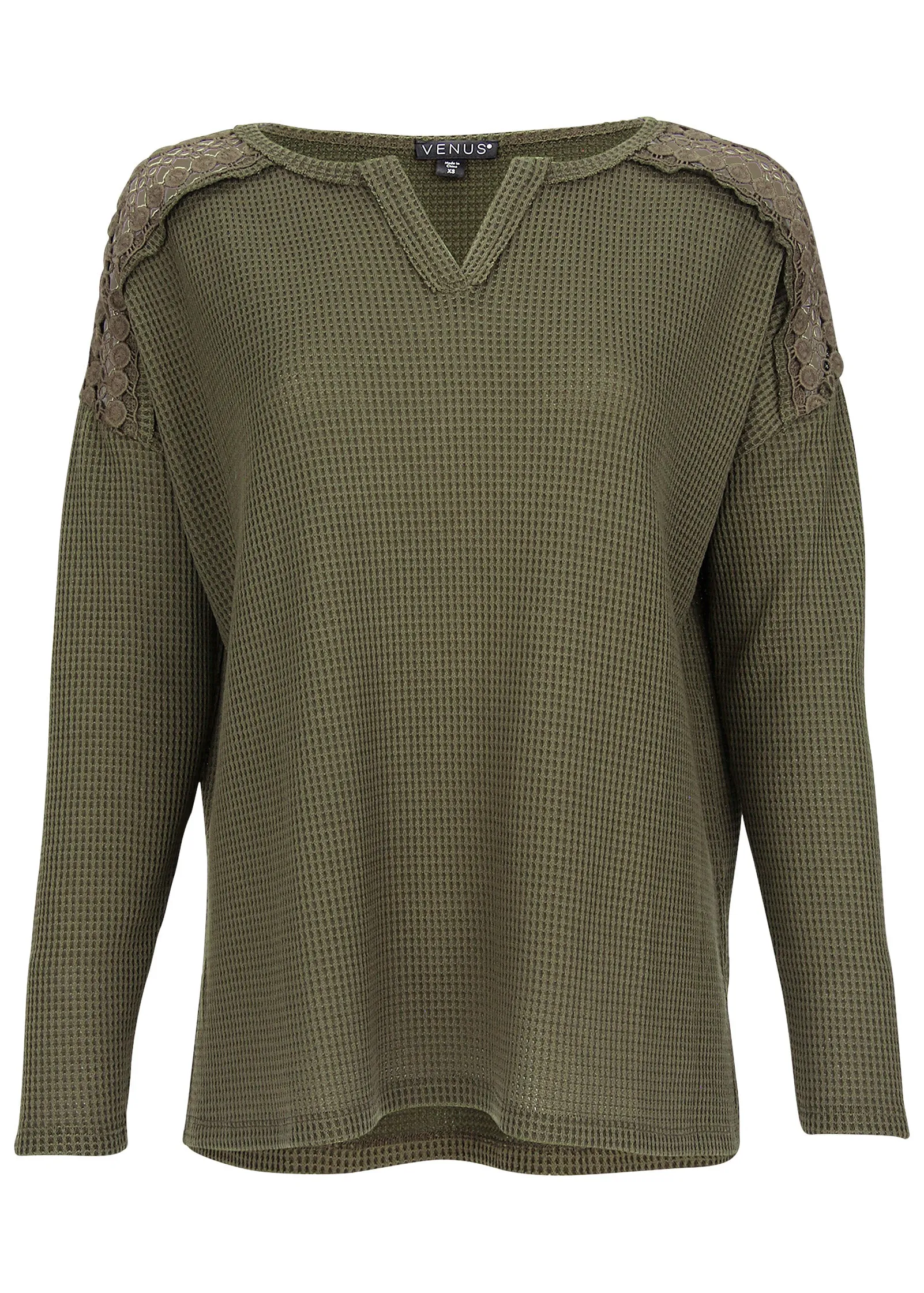 Waffle Lace Detail Top - Olive