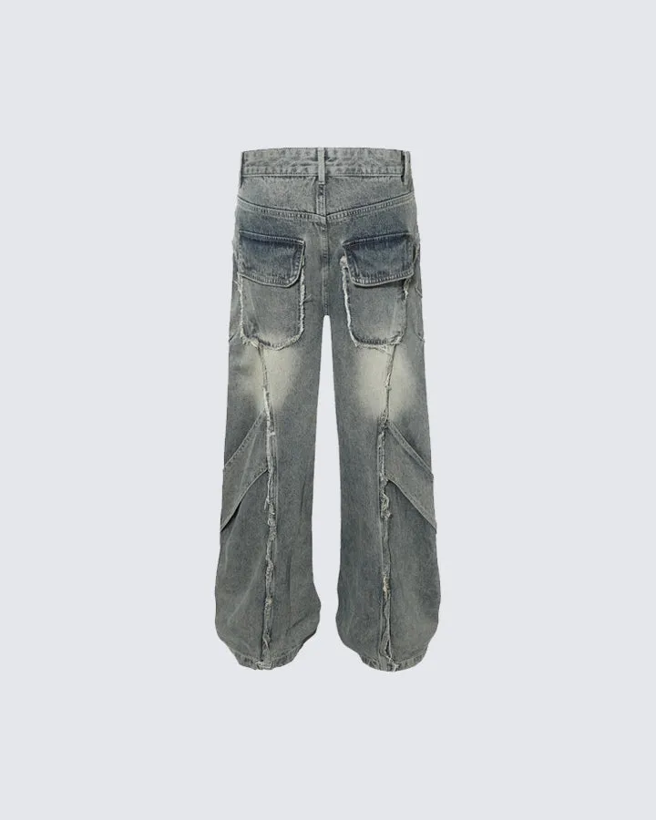 Wide-Leg Washed Distressed Jeans