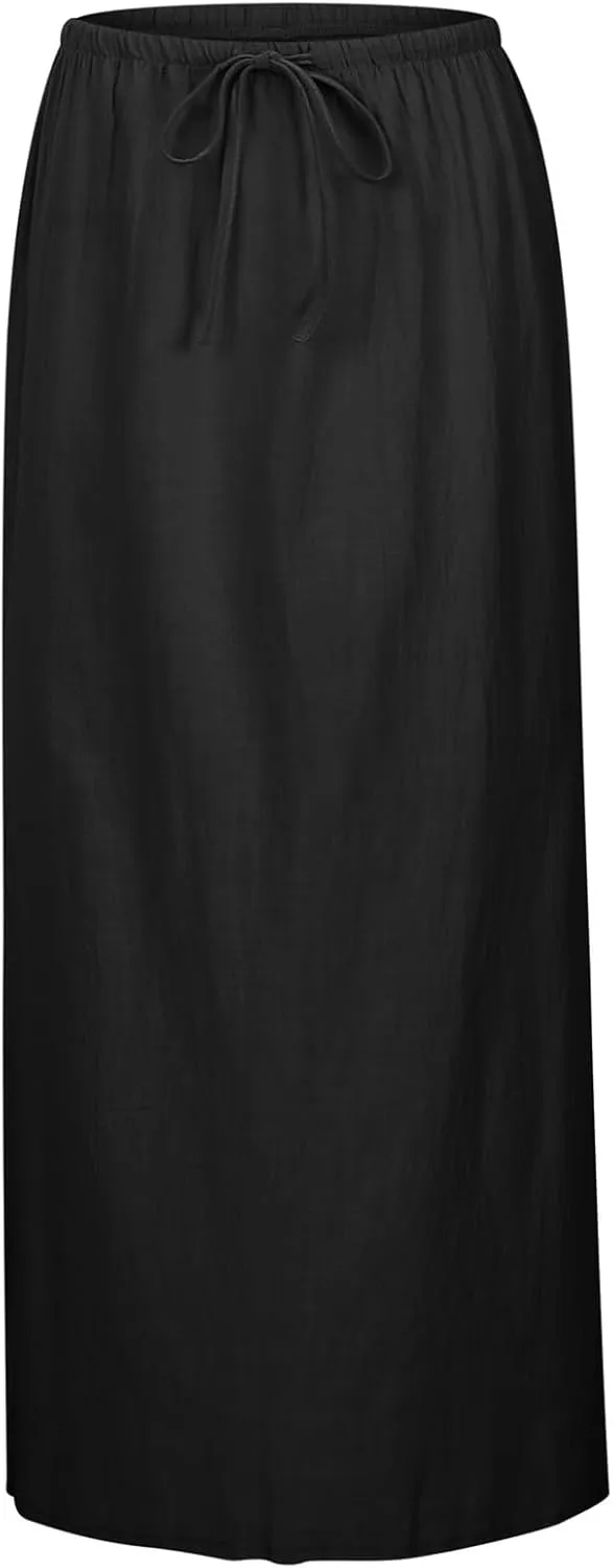 Womens Linen Maxi Skirts, Summer Comfy Long Skirts Boho Casual Flowy Skirts Drawstring Waist A Line Skirts