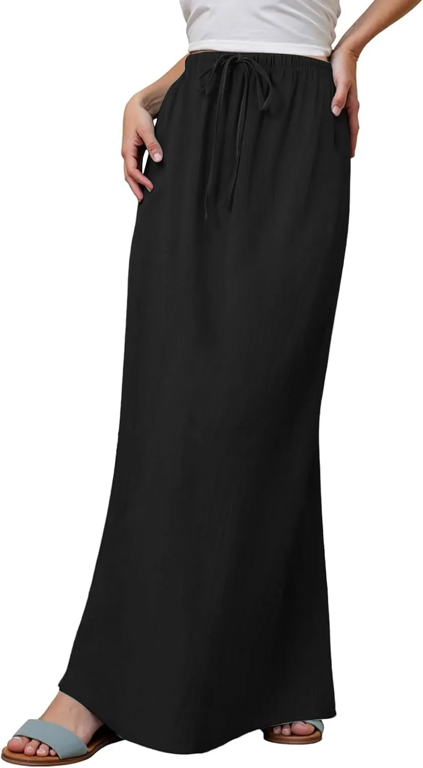 Womens Linen Maxi Skirts, Summer Comfy Long Skirts Boho Casual Flowy Skirts Drawstring Waist A Line Skirts