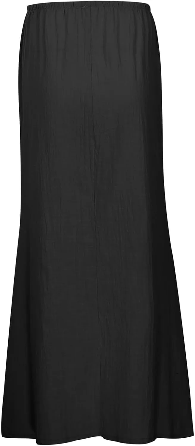 Womens Linen Maxi Skirts, Summer Comfy Long Skirts Boho Casual Flowy Skirts Drawstring Waist A Line Skirts